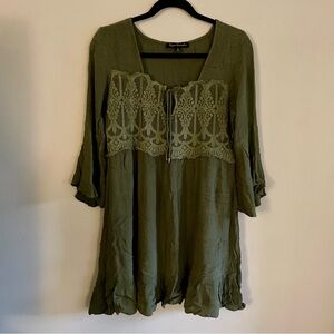 Ryan Michelle Bohemian Olive Green Lace Bell Sleeve Dress Size Medium